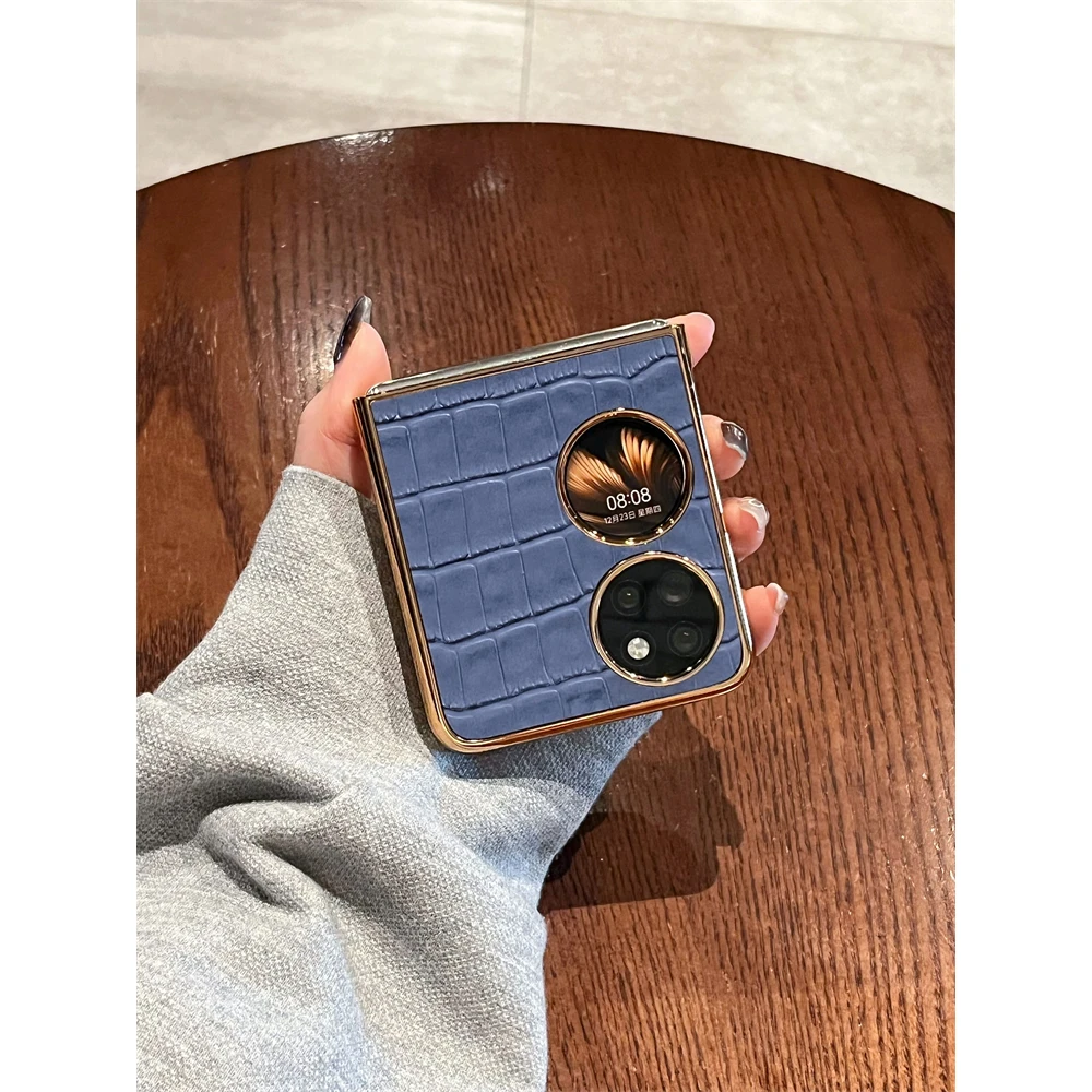 华为pocket 2手机壳新款鳄鱼皮纹p50Pocket宝盒电镀边框时尚奢华