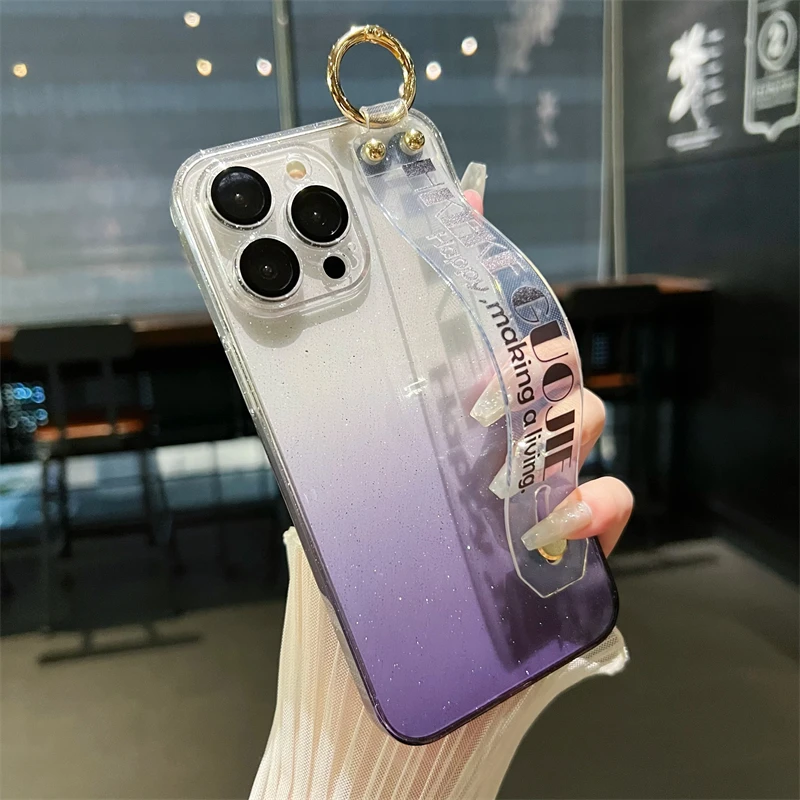 自带镜头膜iPhone15Promax手机壳渐变苹果14透明腕带13斜挎挂绳12