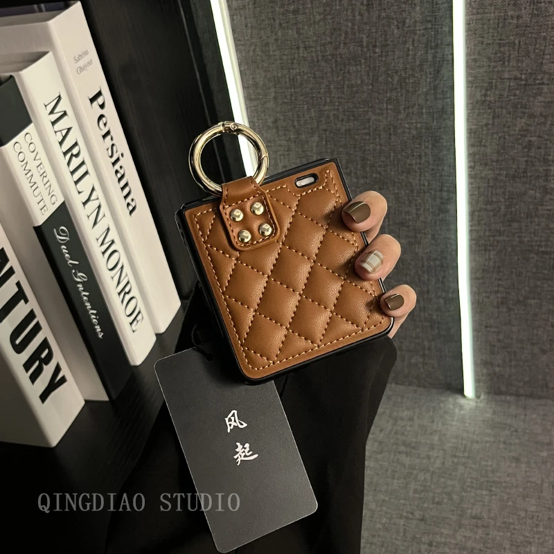 日韩复古棕菱格指环扣适用荣耀MagicVFlip手机壳新款小米MIX Flip