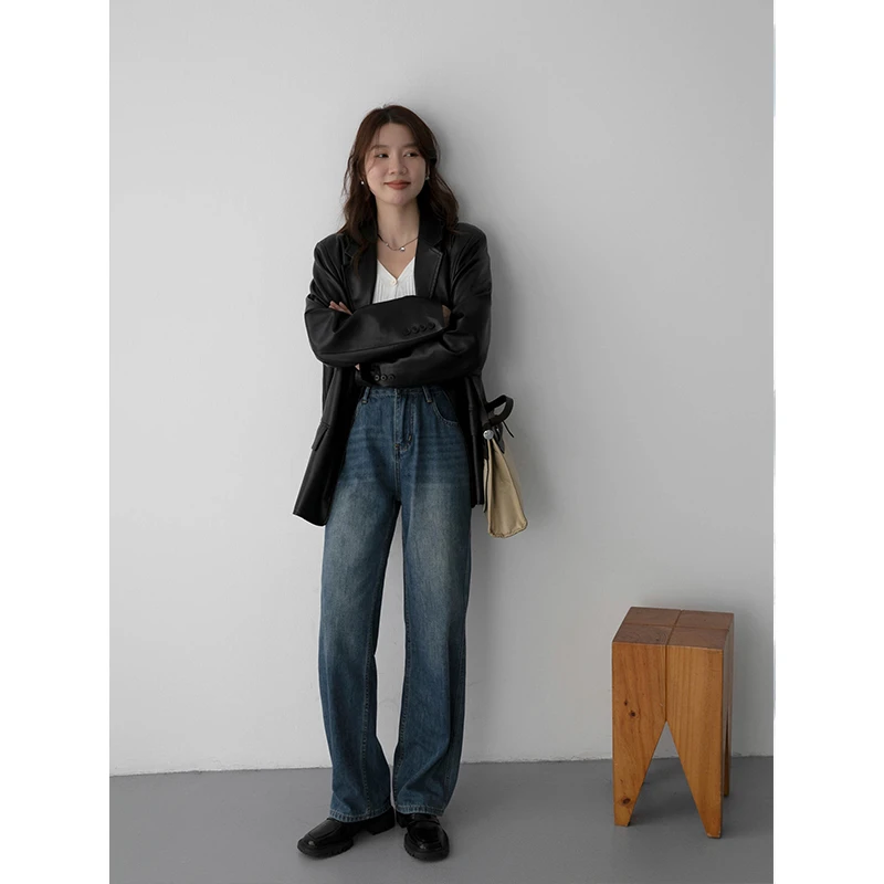 复古蓝直筒牛仔裤女秋装新款小个子宽松显瘦高腰窄版阔腿裤拖地裤