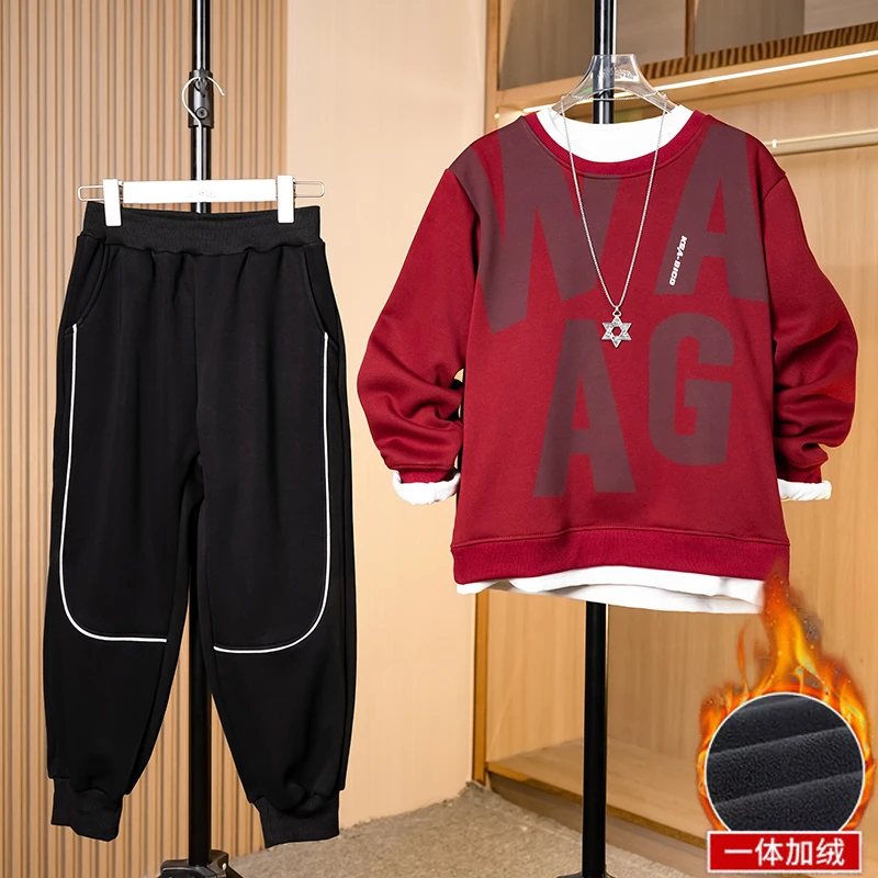 胖童装男童加肥加大冬季新款加绒套装中大童冬装保暖大码加绒卫衣