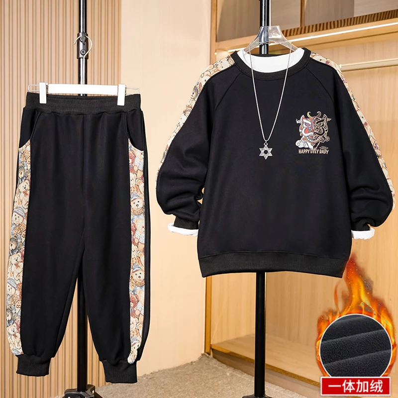 胖童装男童加肥加大冬季新款国风套装中大童冬装保暖大码加绒卫衣