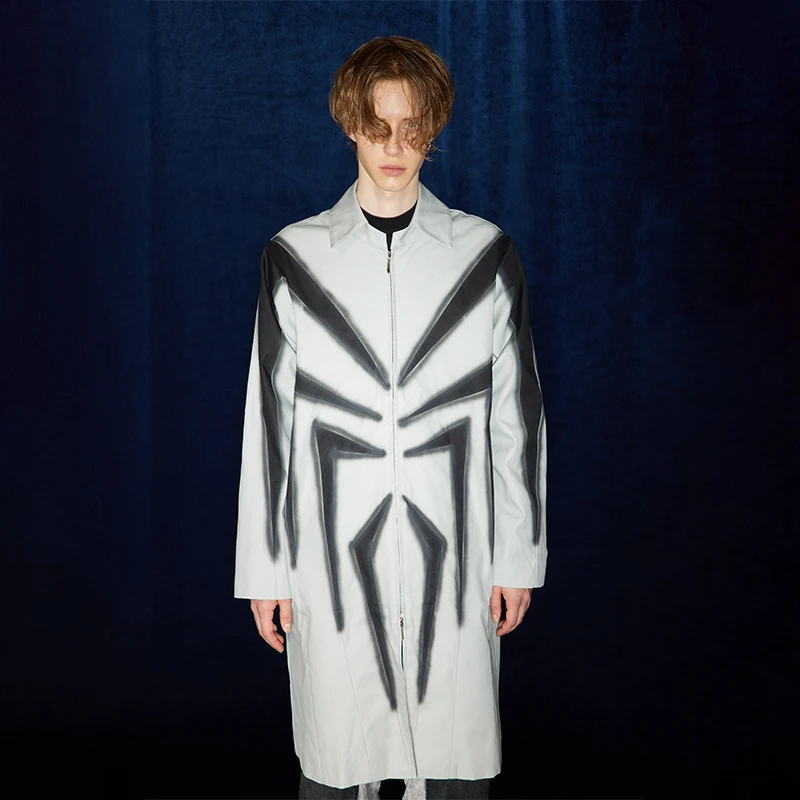 DND4DES 原创设计感小众复古蜘蛛印花宽松中长款灰色大衣外套风衣