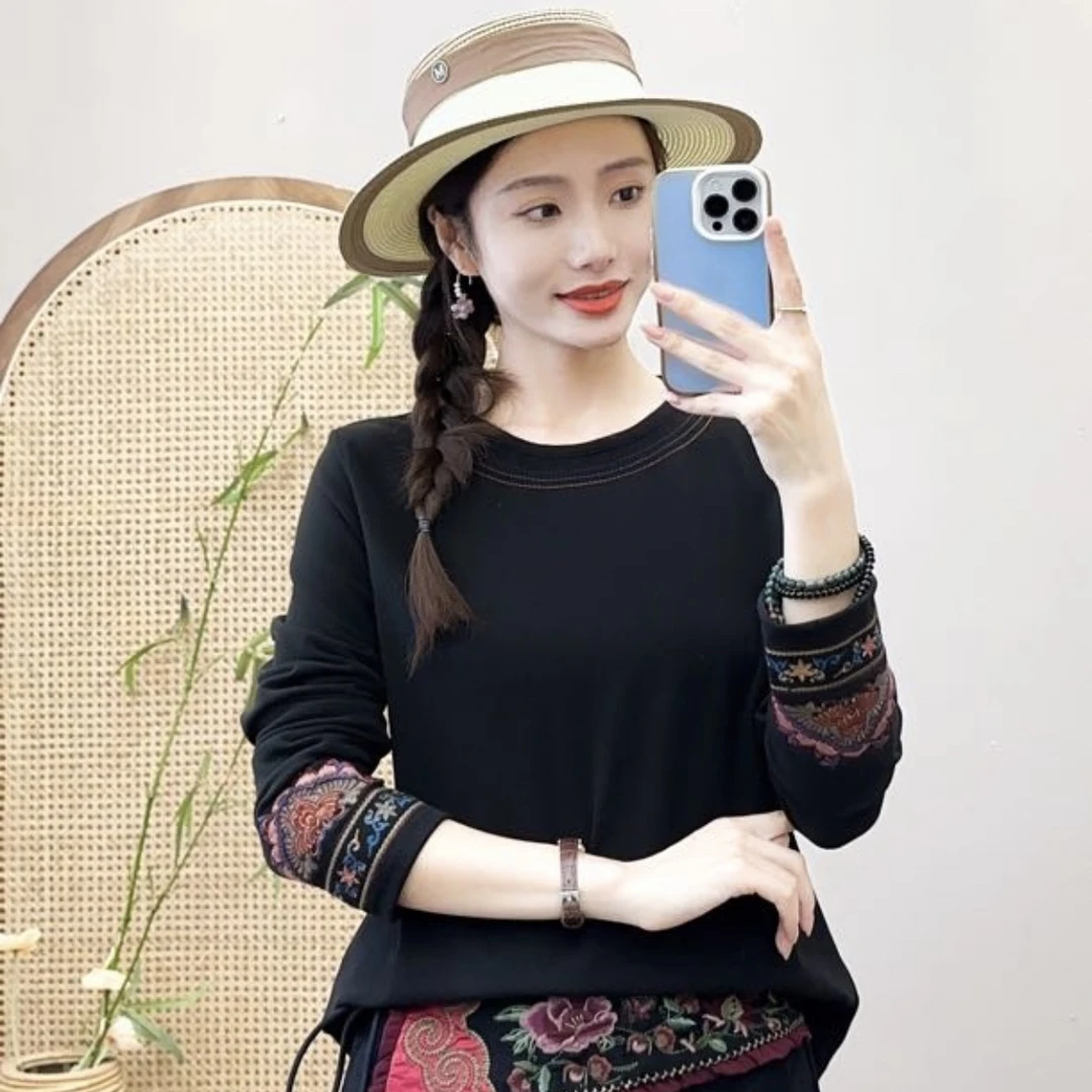 民族风复古刺绣德绒打底衫圆领加绒加厚冬款