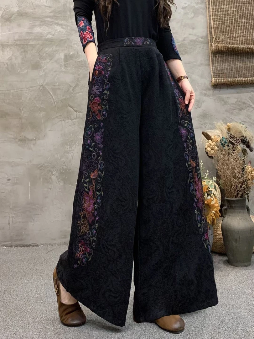 民族风复古绣花阔腿裤加绒冬季