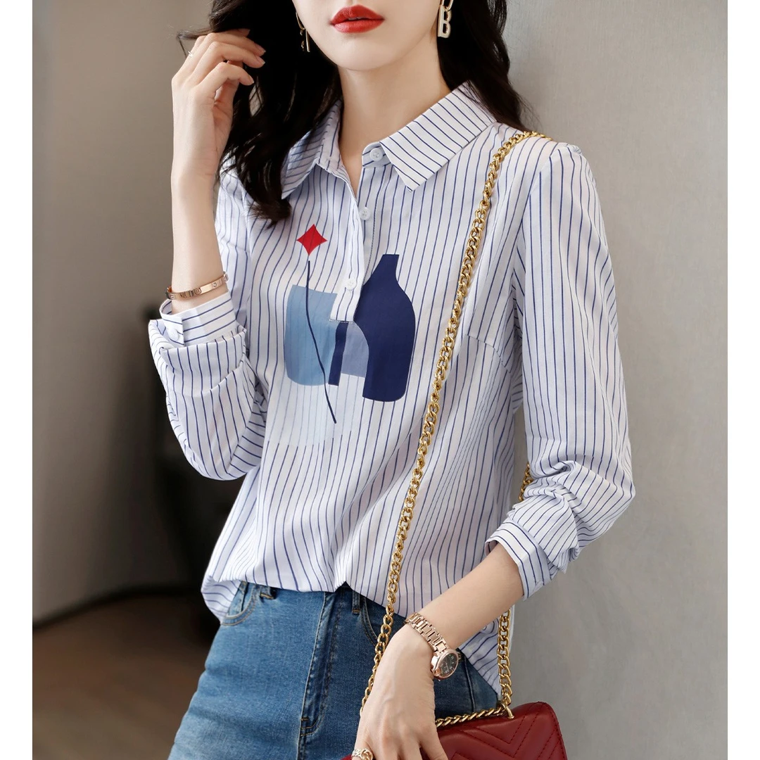XWI/欣未23秋季新款气质显瘦时尚洋气条纹印花衬衫女9580