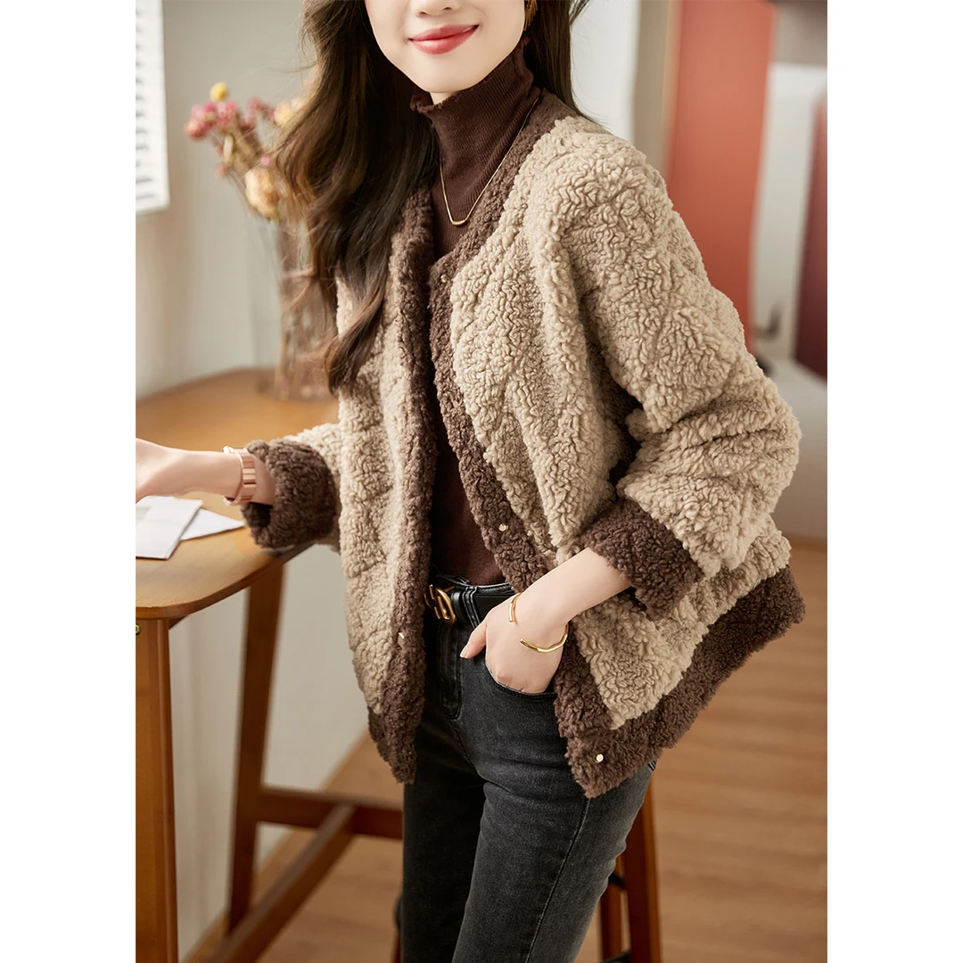 XWI/欣未2024冬季新款气质加厚保暖上衣复古宽松拼色颗粒短款外套