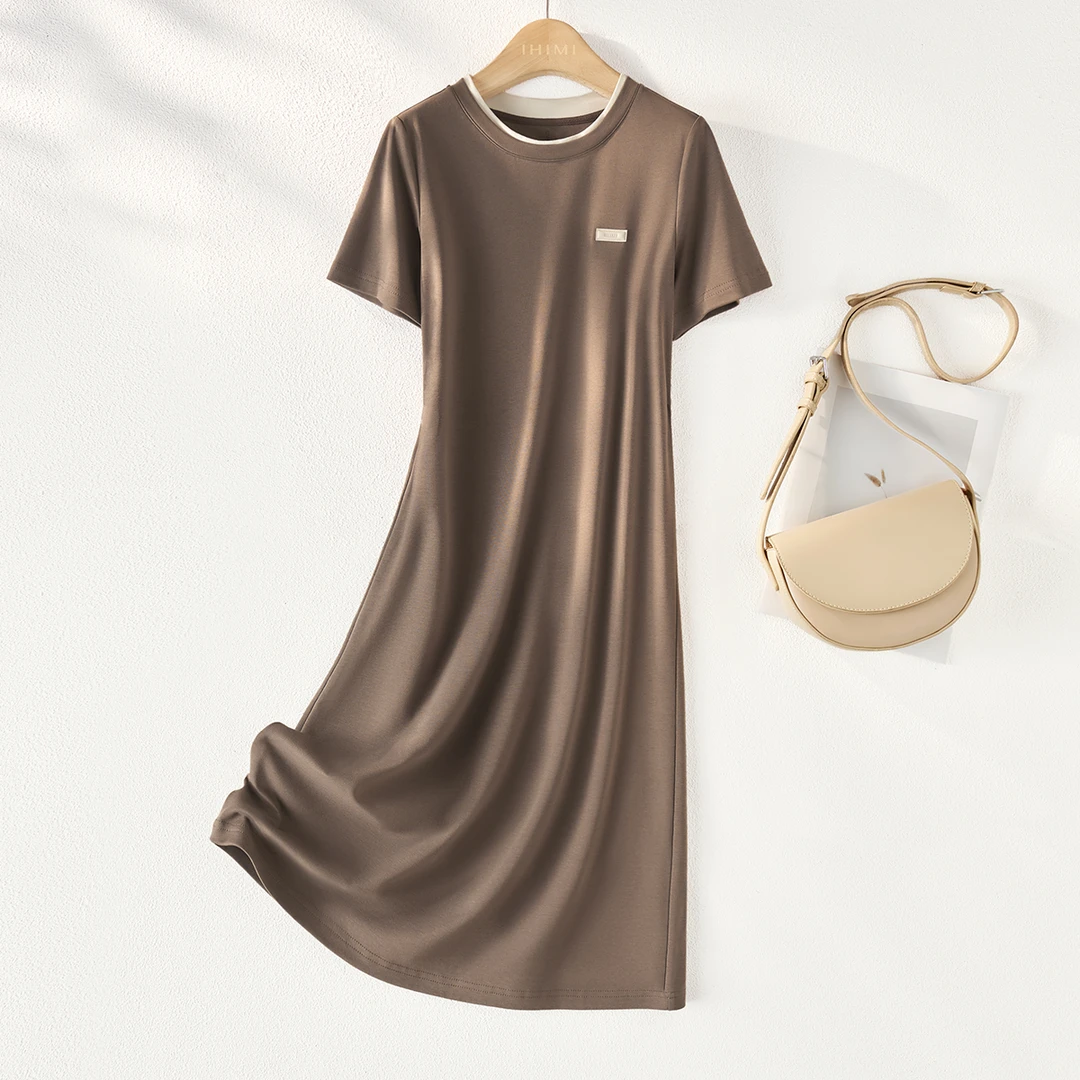 IHIMI24夏季新款女装简约休闲百搭正肩撞色领口舒适T恤连衣裙A012
