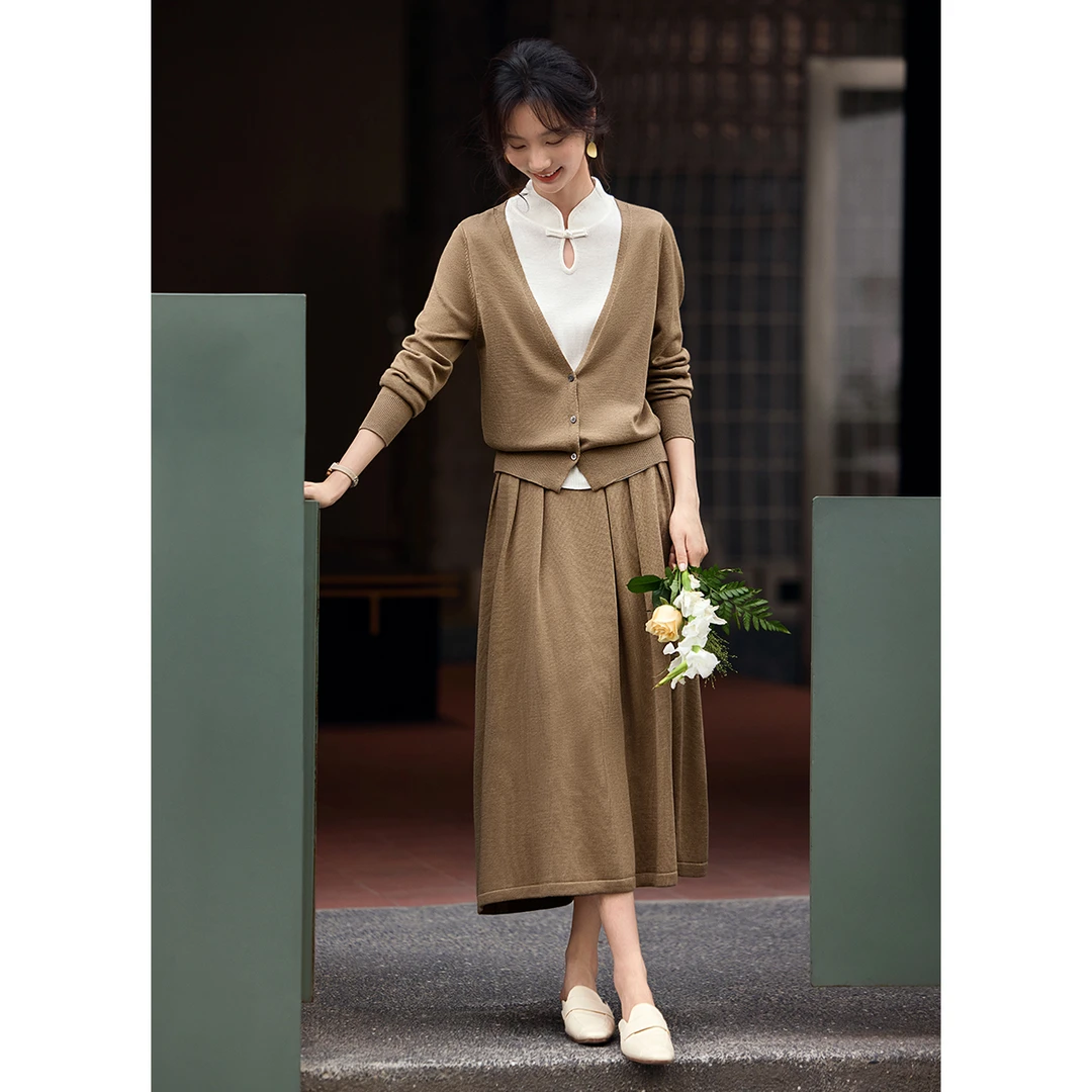 XWI/欣未秋季新款气质优雅新中式假两件针织衫半身裙套装女士