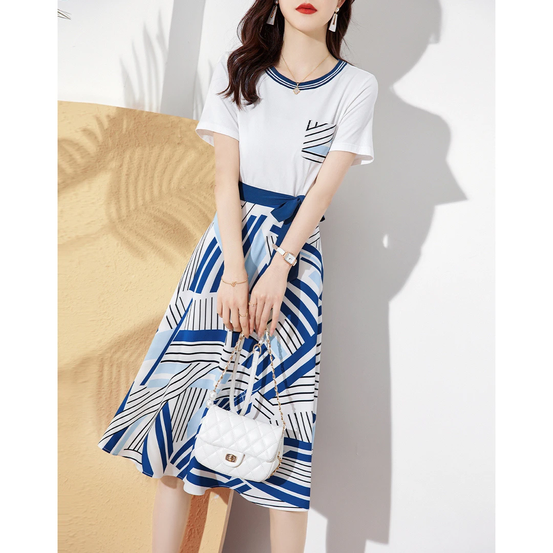 XWI/欣未夏款简约几何印花假两件收腰显瘦短袖T恤式连衣裙女