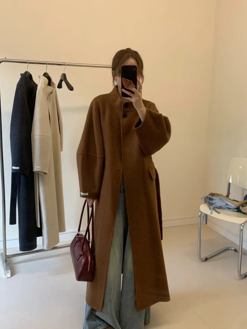 双11秋冬新款赫本风立领长款双面羊毛大衣9108