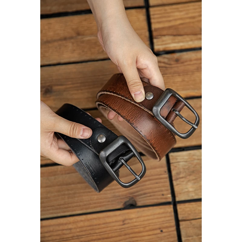 唔刃工装美式复古水洗牛皮日字扣皮带实心合金针扣真皮腰带咔叽男