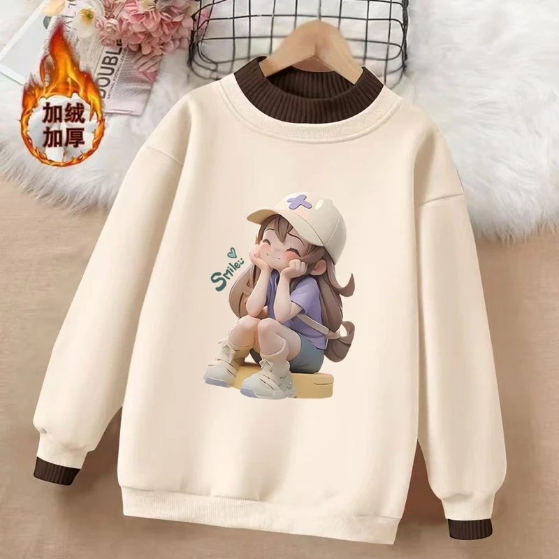 女童卫衣潮上衣加绒拼接半高领洋气秋冬季假两件卫衣新款韩版宽松