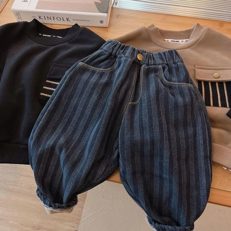 男童加绒牛仔裤条纹加厚秋冬季潮宽松韩一体绒宝宝儿童休闲裤子男