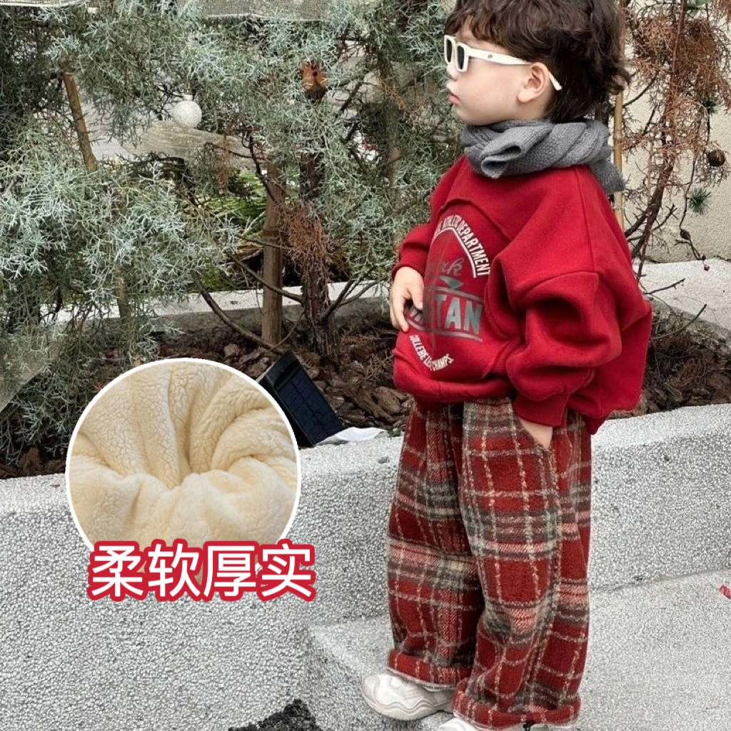 男童女孩中小童2023冬季新款圣诞加绒卫衣复古格子裤套装洋气时尚