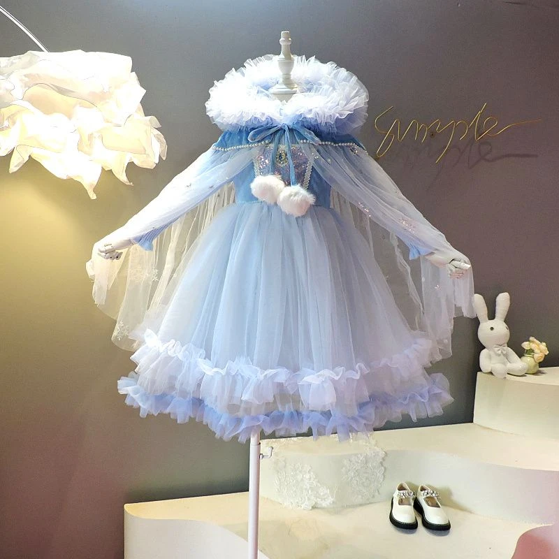 女童纱披风公主裙秋冬季冰雪奇缘艾莎生日礼服儿童毛衣连衣裙子