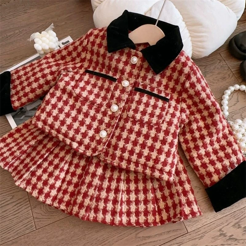 喜庆新年衣服女童红色格子翻领小香风套装女宝宝加绒千鸟格两件套