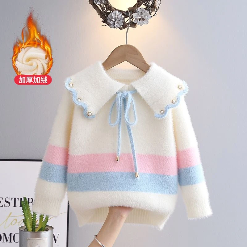 女童秋冬季毛衣2023新款儿童水貂绒加绒翻领中大童洋气针织衫上衣