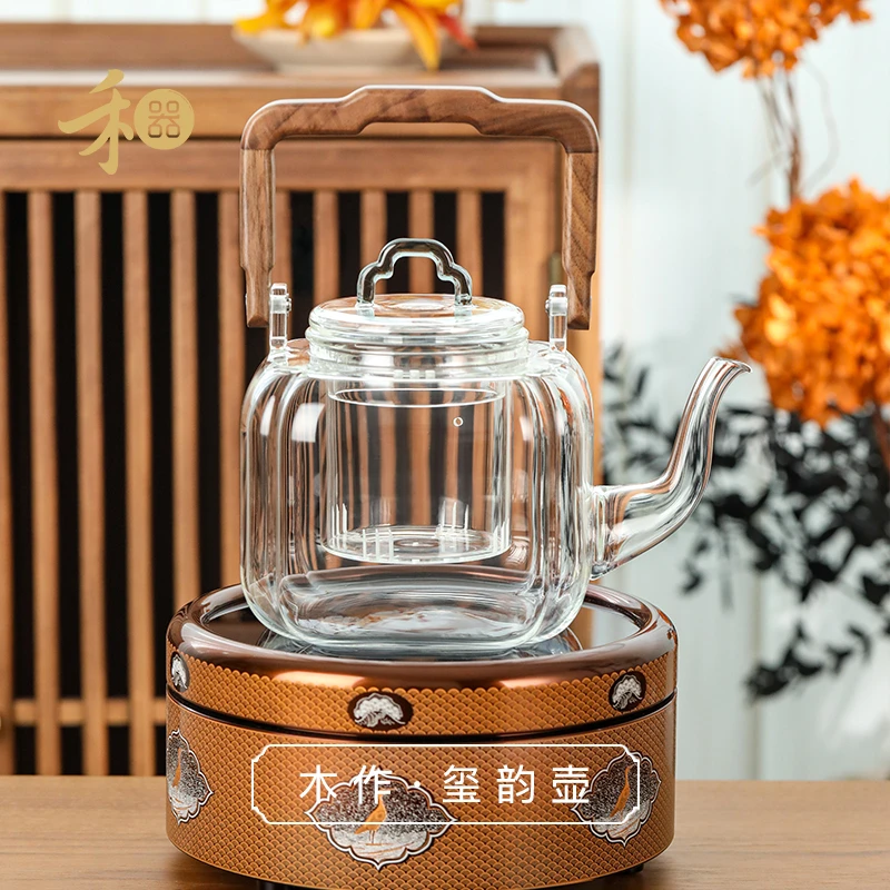 禾器木作·玺韵壶 高硼硅 玻璃煮茶壶 胡桃木 高端茶壶 1000ml