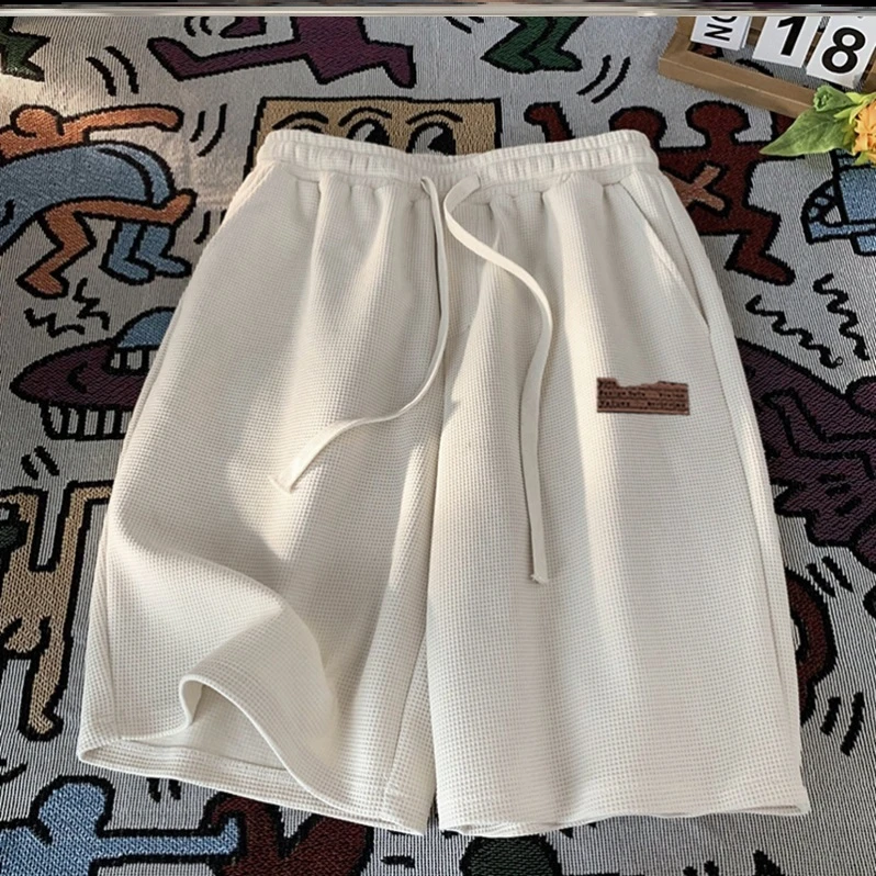 阔腿夏季华夫格五分短裤男休闲港风青少年男裤初中学生青年时尚