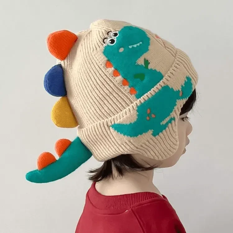 小恐龙卡通护耳帽男宝宝针织帽婴儿新款儿童毛线保暖帽女孩防风帽