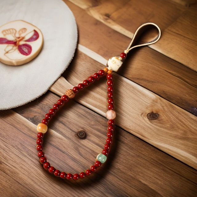 朱砂手机链本命年鸿运挂饰炭烧菩提招财猫手机挂绳女手腕防丢挂绳