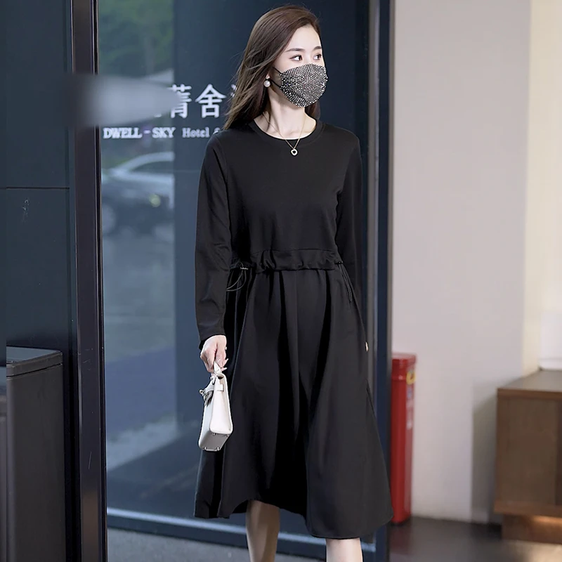秋季新款女装连衣裙长袖中长款宽松显瘦韩版胖MM气质减龄黑色裙子