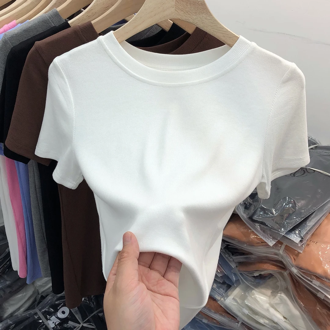 螺纹棉圆领短袖T恤女士显瘦高弹打底衫百搭纯色内搭夏季高档上衣
