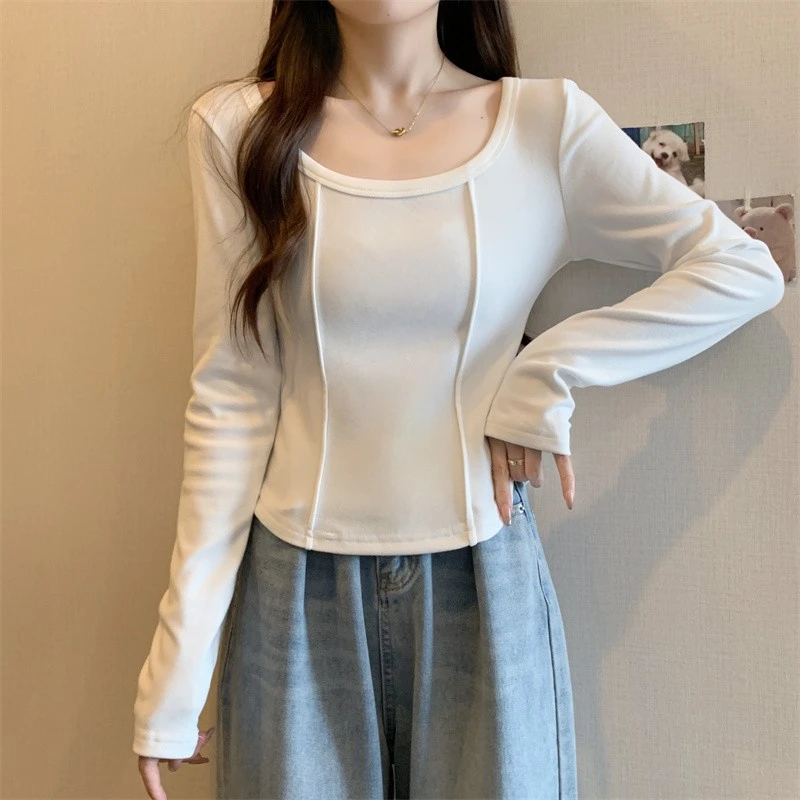 80-200斤修身正肩U领鱼骨上衣T恤女保暖显瘦秋冬大码打底衫遮肚子