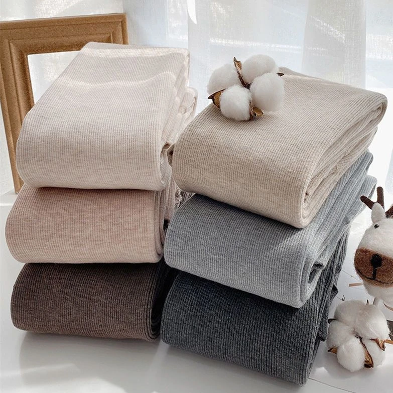 新款条纹棉打底裤女踩脚秋冬外穿高腰显瘦加绒中厚连裤袜米白咖色