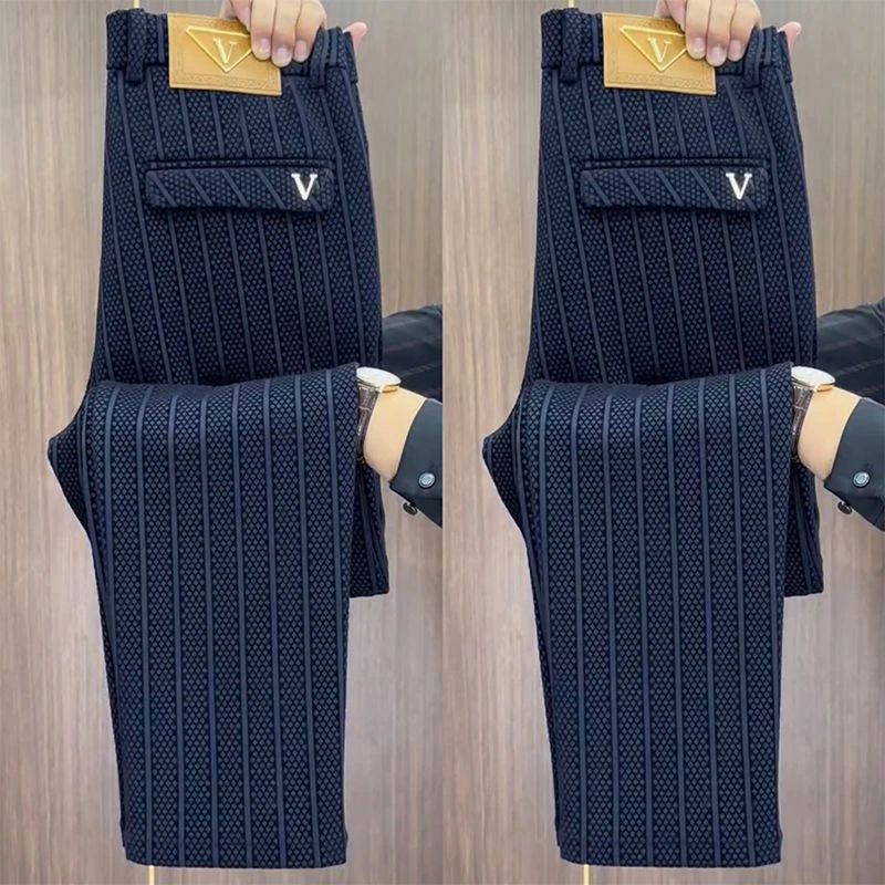 棣棣潮男裤子男士秋冬条纹休闲裤修身商务小脚长裤气质西装裤