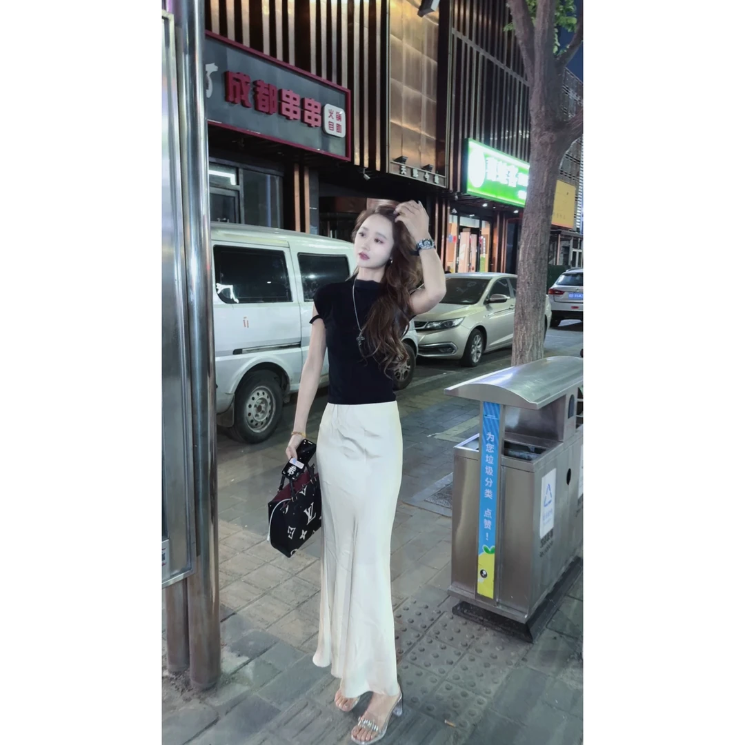 【茹哥】醋酸高级感缎面鱼尾半身裙设计感小众长裙24790