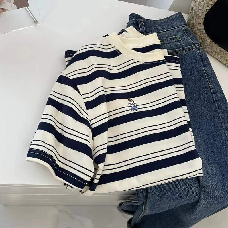 A80【条纹小熊】宽松版慵懒韩版 女士T恤 休闲百搭夏季时尚半袖ins