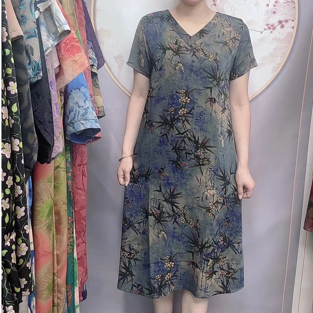 【随机花】夏季新品妈妈装时尚宽松连衣裙高贵中老年女装过膝长裙子