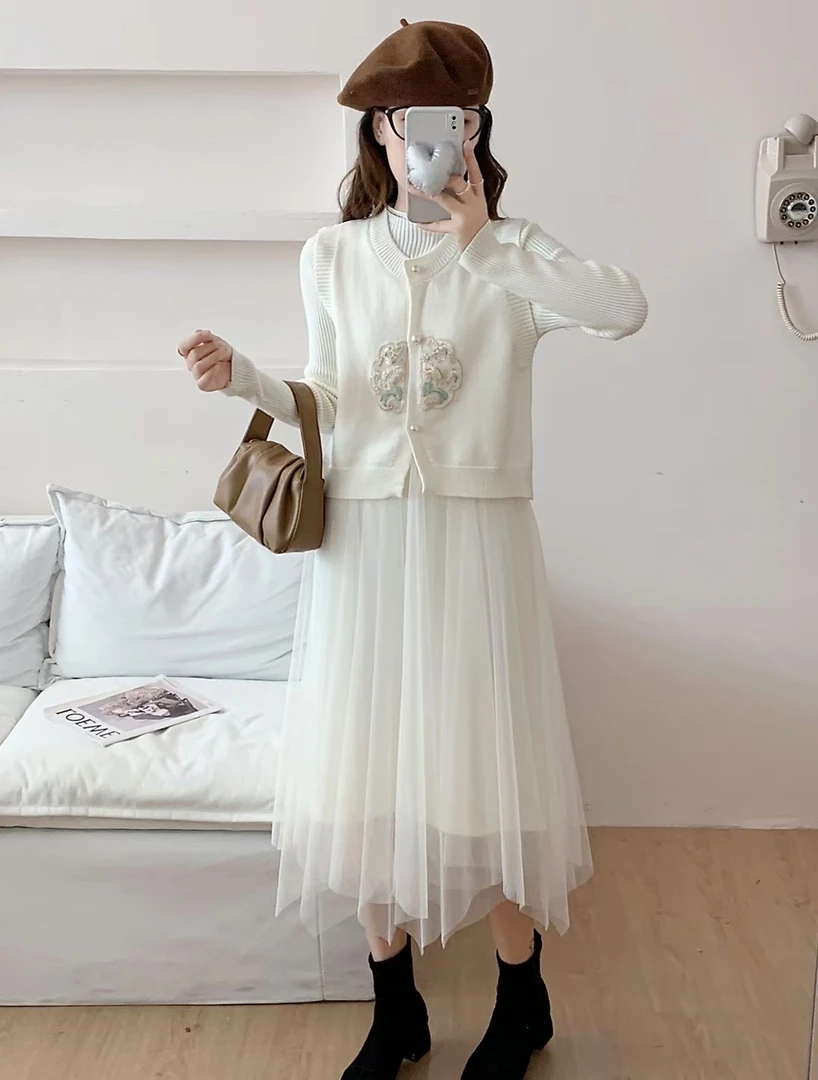 国风针织拼接网纱连衣裙马甲两件套女2024秋冬小香风马甲裙子套装