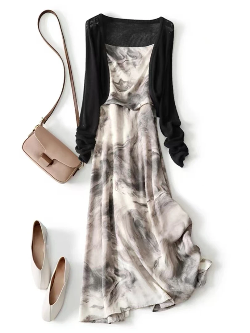 复古水墨画吊带连衣裙两件套女2024秋冬收腰显瘦气质裙子外披套装