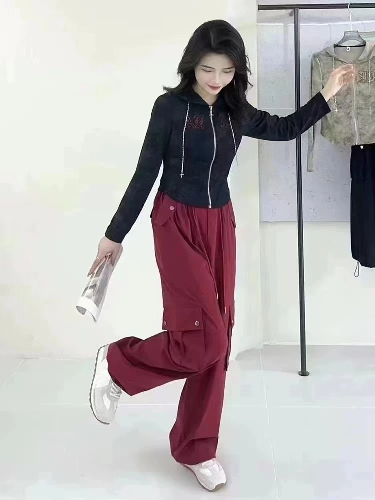 欧洲站休闲运动套装女2024早秋时尚洋气显瘦连帽卫衣工装裤两件套