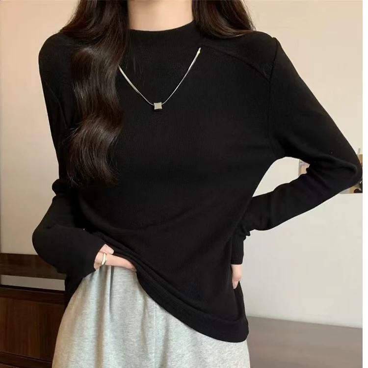 网红纯色半高领长袖加绒T恤女秋冬新款洋气修身百搭打底衫上衣