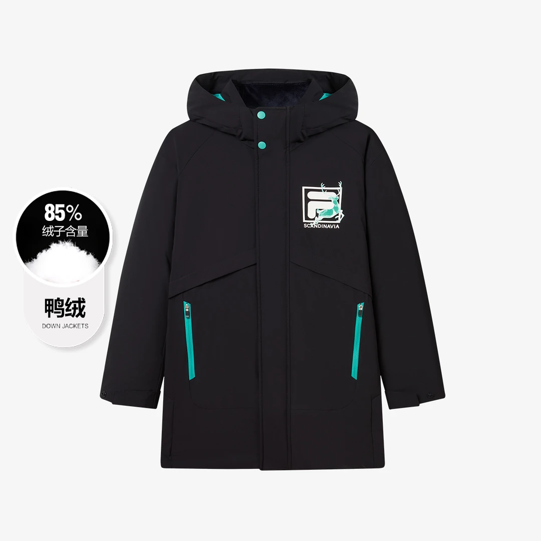 FILA/斐乐儿童羽绒服中长连帽保暖男大童百搭鸭绒外套K12B342901F