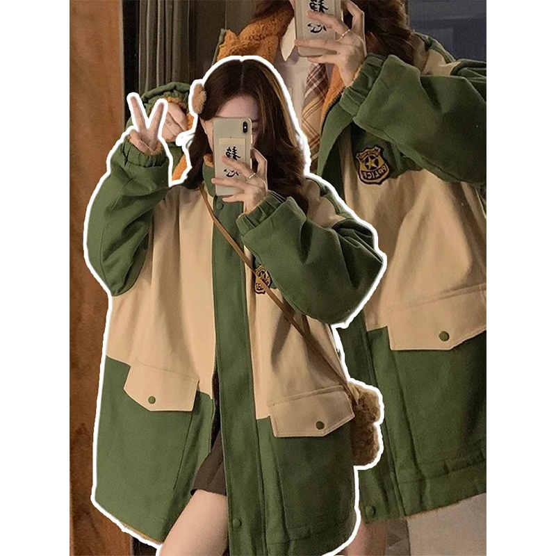 特大码胖mm加绒两面穿棉服女秋冬加厚外套宽松学院风绿色棉衣袄潮