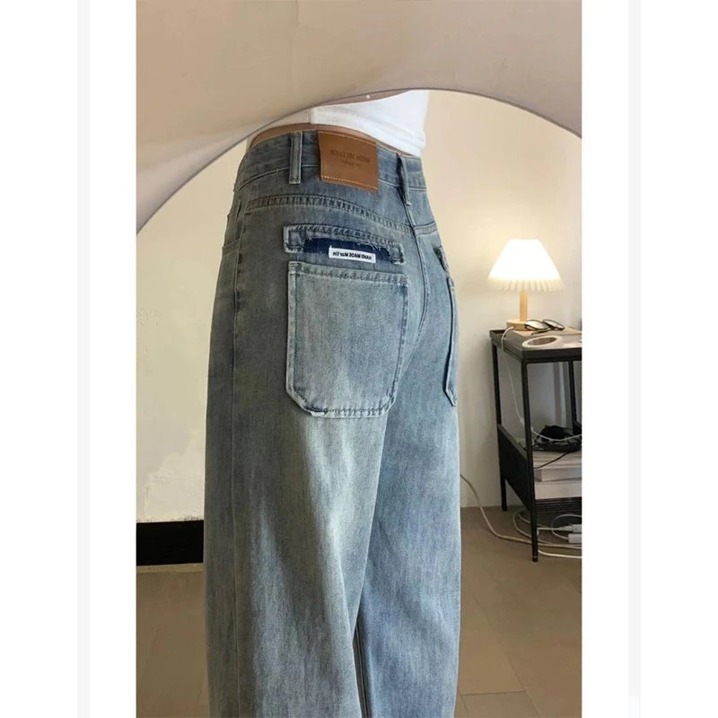 300身材设计感直筒牛仔裤女大码胖mm春装高腰遮肉显瘦阔腿拖地裤