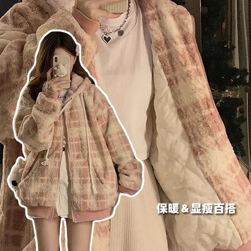 2-300斤胖mm大码女装粉色毛绒棉服女秋冬学院风加厚棉衣格子外套