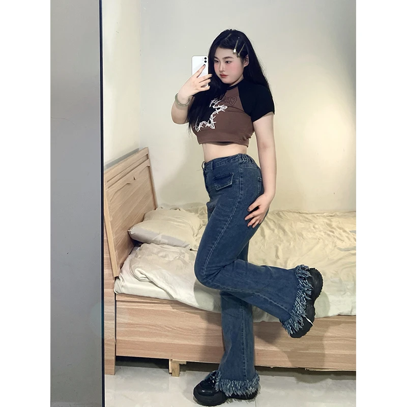 2-300斤胖mm大码女装高腰遮肚牛仔裤女宽松辣妹微喇叭阔腿长裤潮