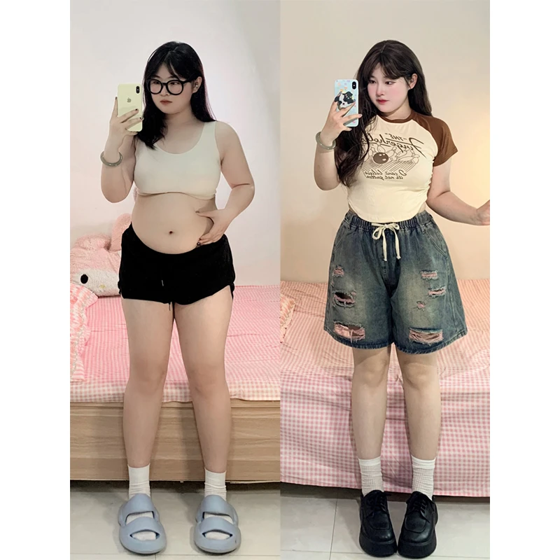 2-300斤胖mm显瘦松紧腰抽绳五分裤女大码梨型身材阔腿牛仔短裤子