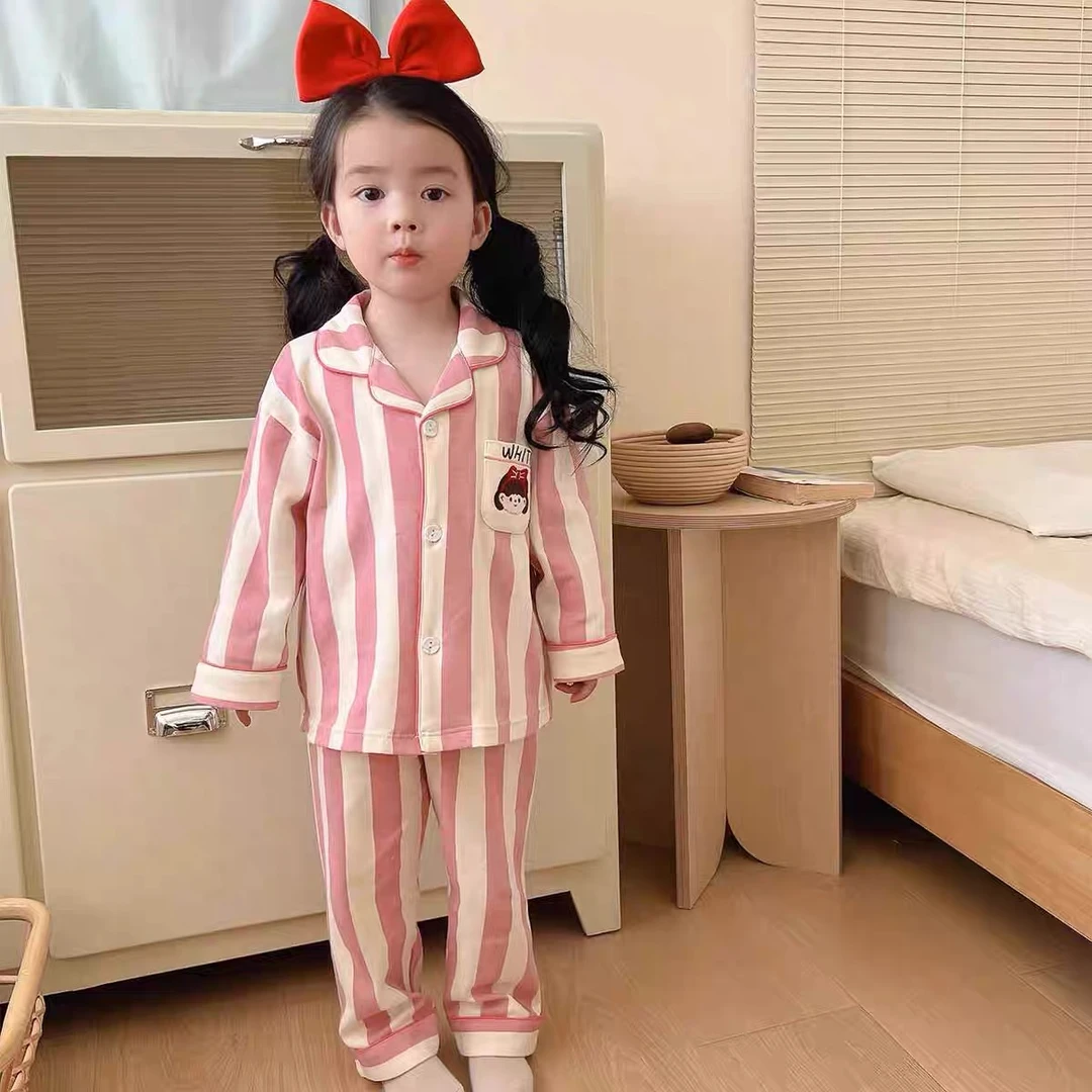 女童睡衣春秋中小童长袖洋气卡通翻领开衫儿童套装韩系宝宝家居服