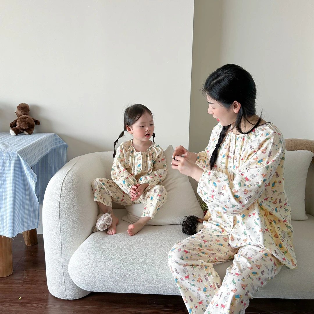 女童长袖宝宝韩版家居服套装春秋透气儿童可爱卡通小狗童装睡衣女