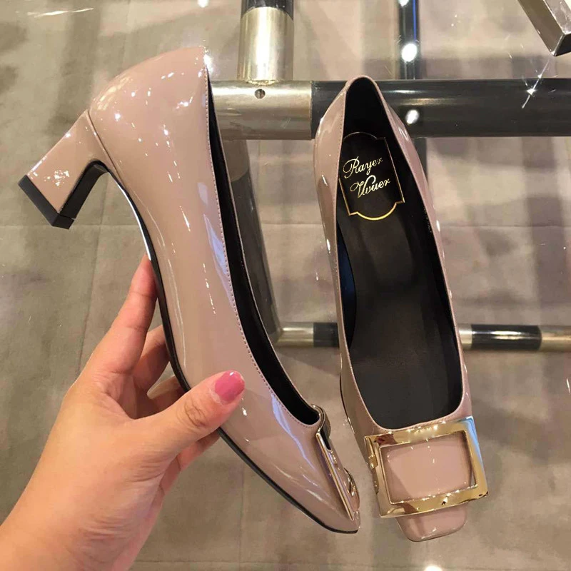 【高版本】方头方扣高跟鞋裸色女鞋中跟漆皮单鞋女粗跟单鞋