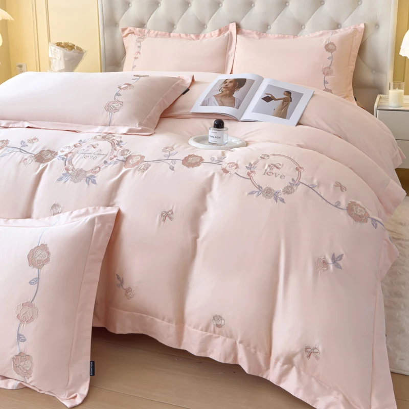 高端全棉刺绣花卉纯棉四件套公主风粉色被套A类母婴幼儿舒适柔软