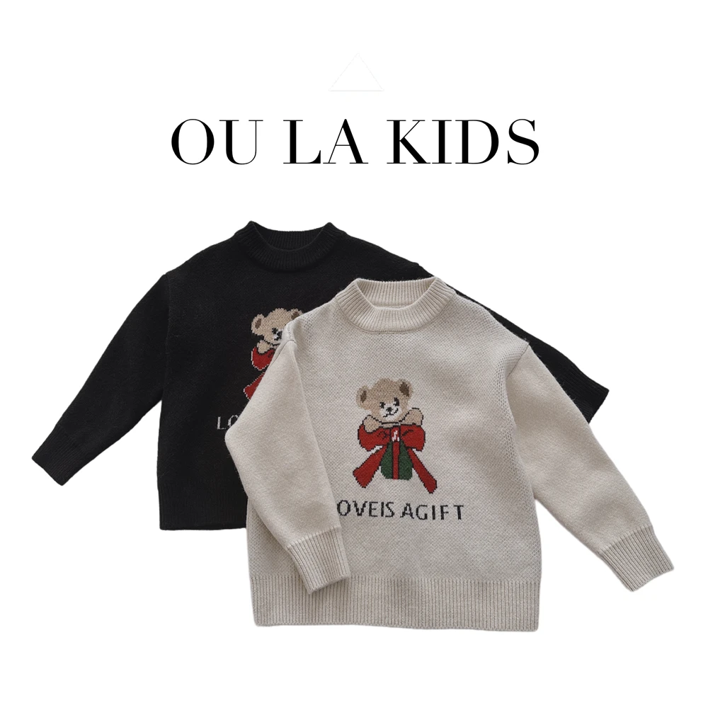 2023冬季新品女童韩版简约童趣小熊套头软针织百搭童装毛衣60101