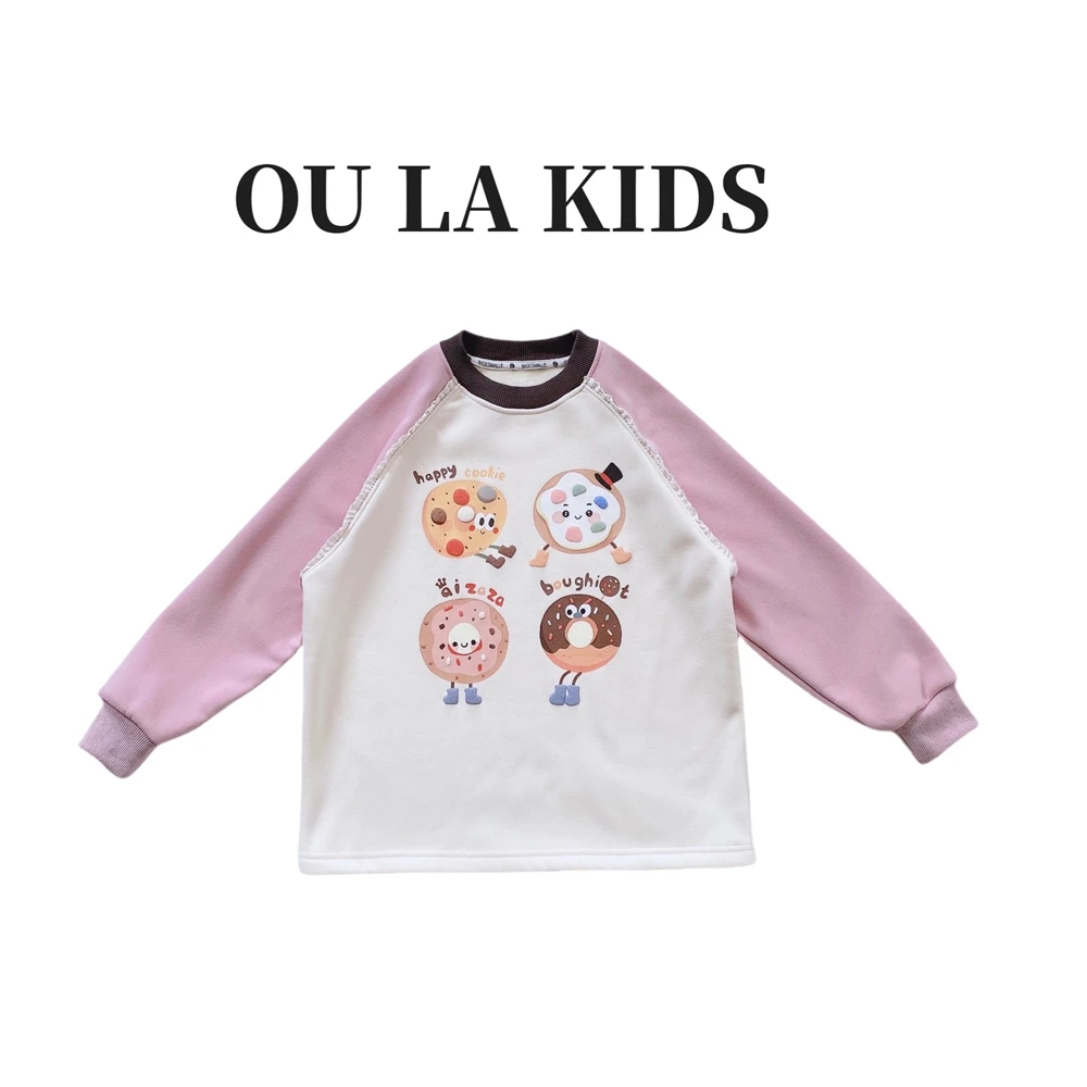 2024冬季新品女童韩版加绒趣味印花撞色花边百搭童装卫衣CB9735